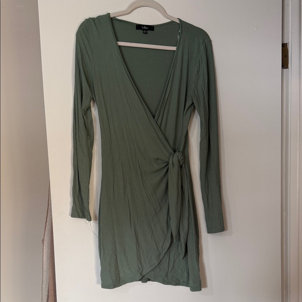 Long sleeve green wrap mini dress
